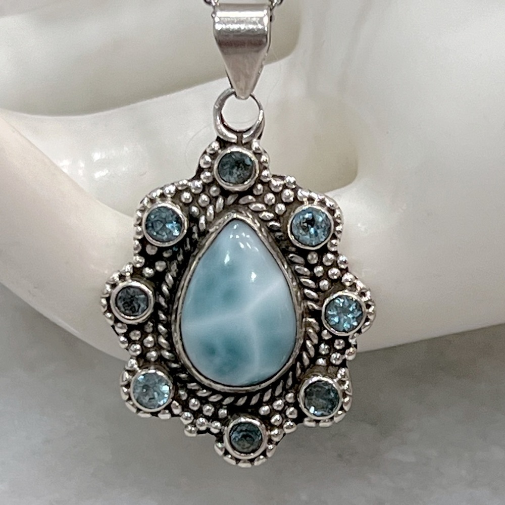 Larimar Swiss Blue Topaz Sterling Silver Pendant 20” Necklace
